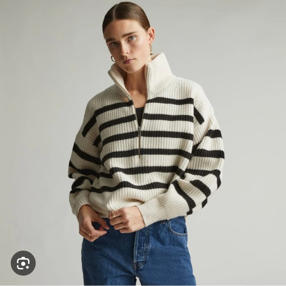 Everlane The Half-Zip Sweater in Luxe Merino Stripe Bone Black Small